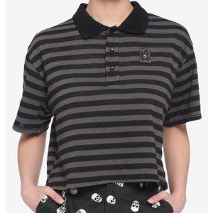 Hot Topic Grey & Black Embroidered Tombstone Stripe Oversized Girls Crop Polo